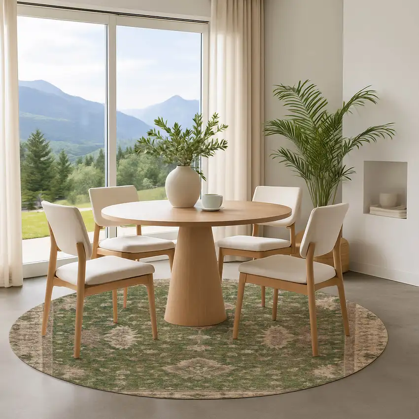 8' Artichoke Green And Beige Oriental Washable Round Rug With UV Protection Photo 4