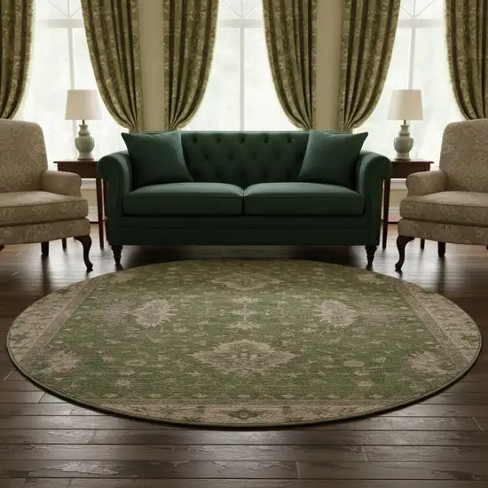 8' Artichoke Green And Beige Oriental Washable Round Rug With UV Protection Photo 2
