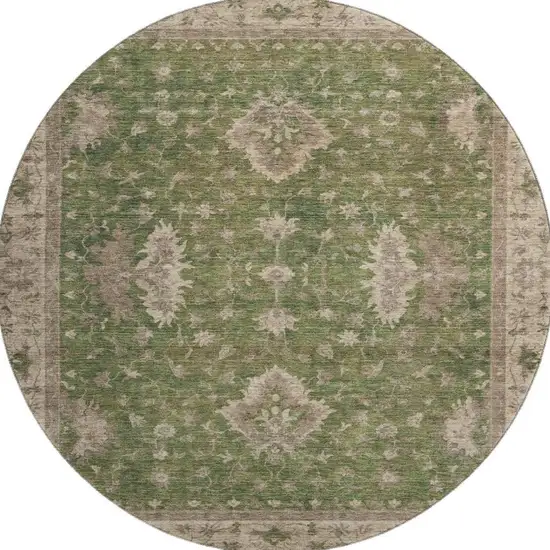 8' Artichoke Green And Beige Oriental Washable Round Rug With UV Protection Photo 3
