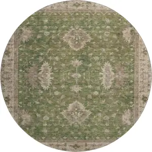 Photo of 8' Artichoke Green And Beige Oriental Washable Round Rug With UV Protection