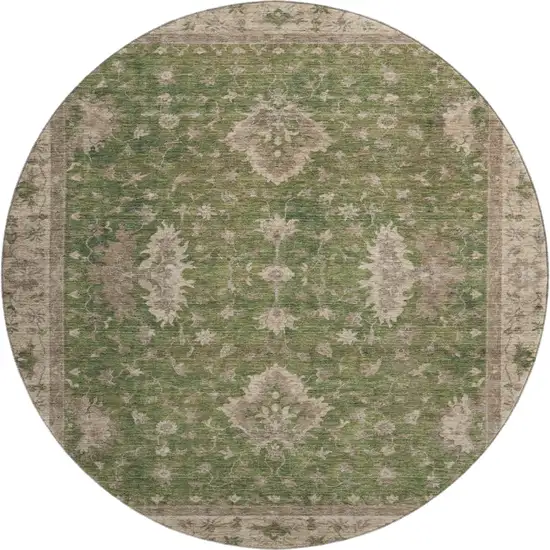 8' Artichoke Green And Beige Oriental Washable Round Rug With UV Protection Photo 1