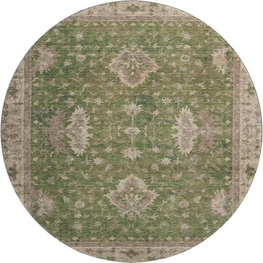 8' Artichoke Green And Beige Oriental Washable Round Rug With UV Protection Photo 1
