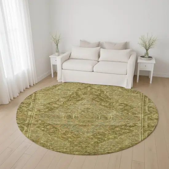 8' Artichoke Green And Beige Oriental Washable Round Rug With UV Protection Photo 3