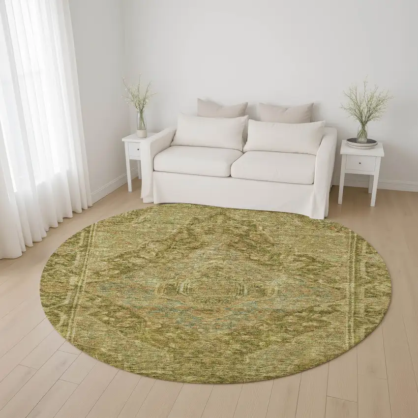 8' Artichoke Green And Beige Oriental Washable Round Rug With UV Protection Photo 3