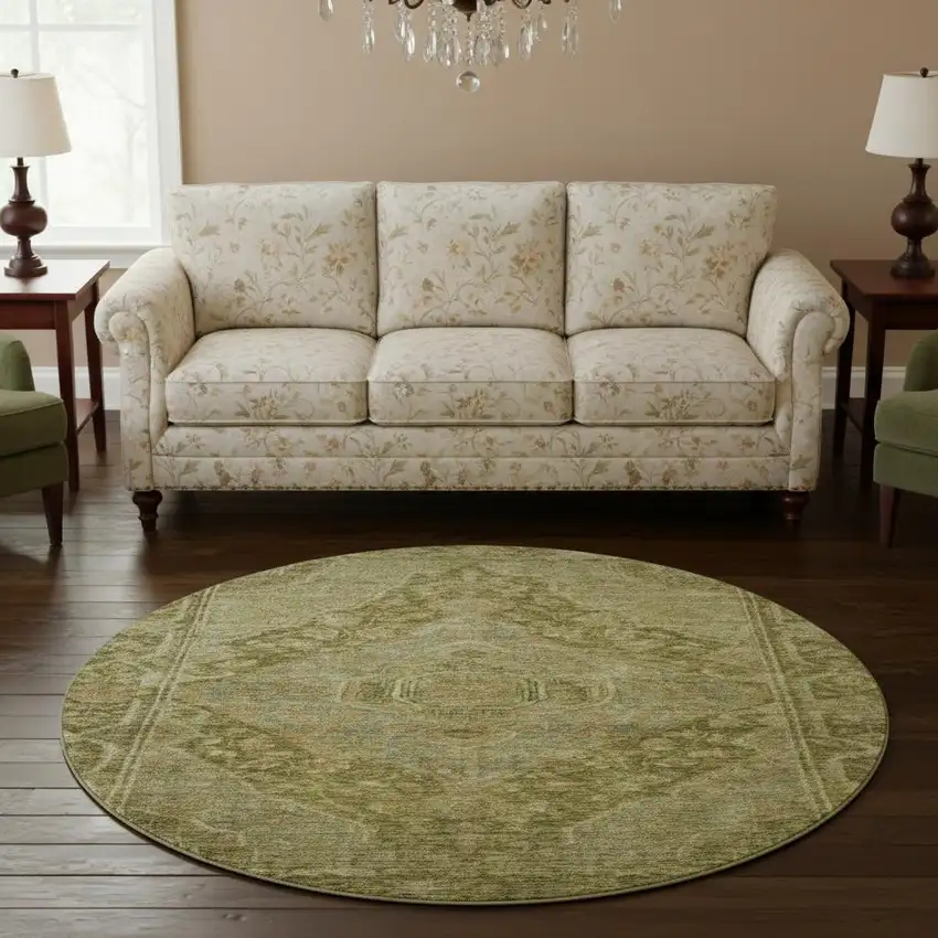 8' Artichoke Green And Beige Oriental Washable Round Rug With UV Protection Photo 2