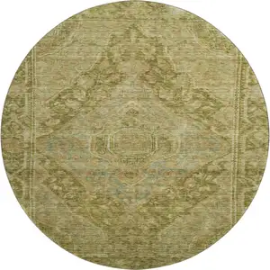 Photo of 8' Artichoke Green And Beige Oriental Washable Round Rug With UV Protection