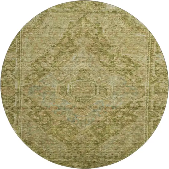 8' Artichoke Green And Beige Oriental Washable Round Rug With UV Protection Photo 1