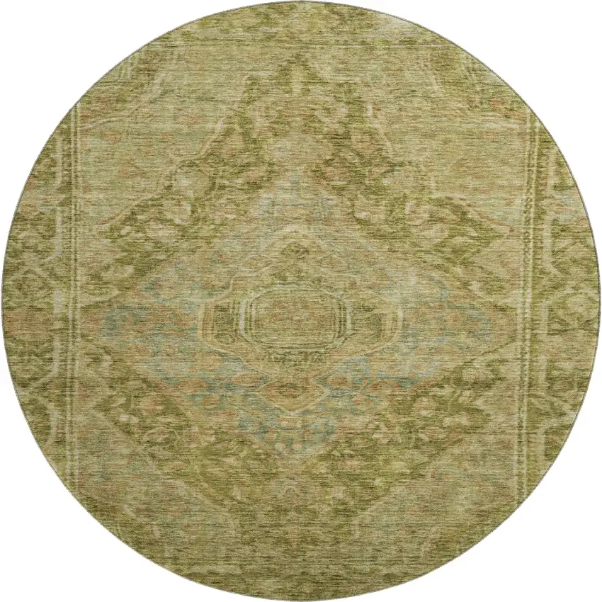 8' Artichoke Green And Beige Oriental Washable Round Rug With UV Protection Photo 1