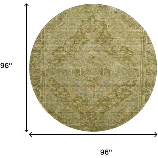 8' Artichoke Green And Beige Oriental Washable Round Rug With UV Protection Photo 8