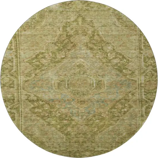 8' Artichoke Green And Beige Oriental Washable Round Rug With UV Protection Photo 2