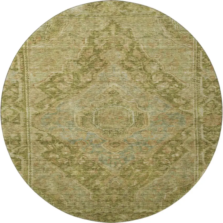 8' Artichoke Green And Beige Oriental Washable Round Rug With UV Protection Photo 2