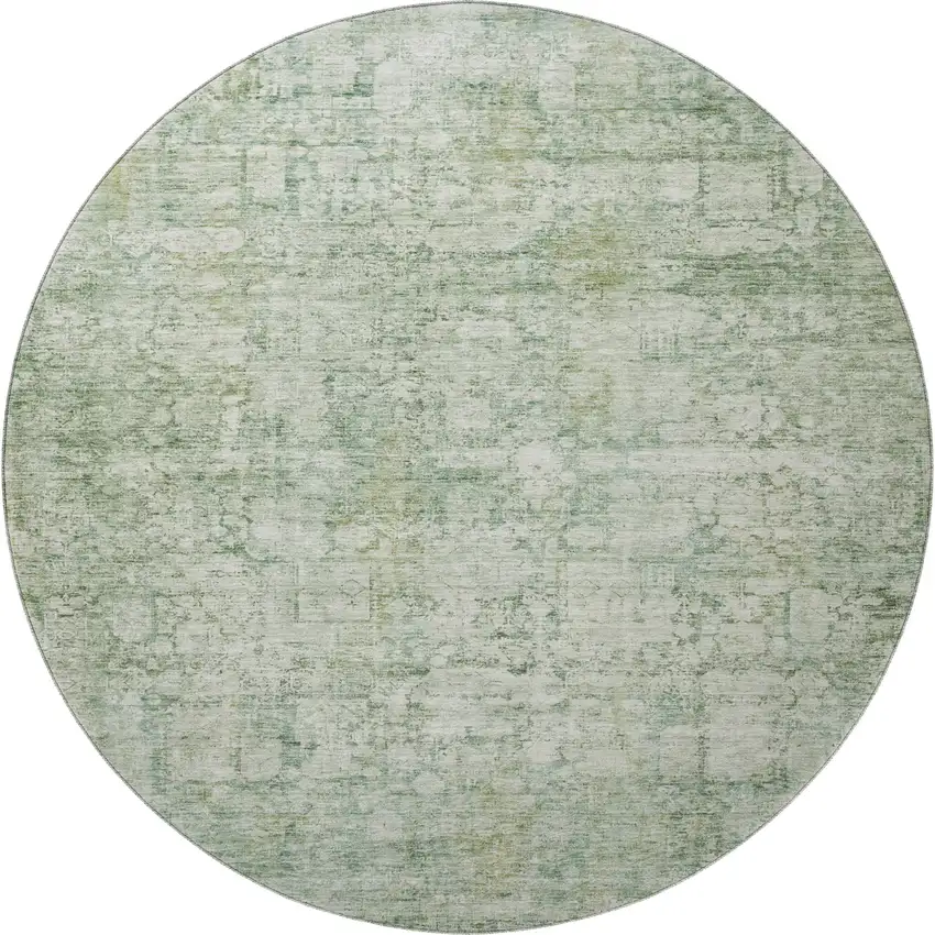 8' Artichoke Green And Beige Oriental Washable Round Rug With UV Protection Photo 3