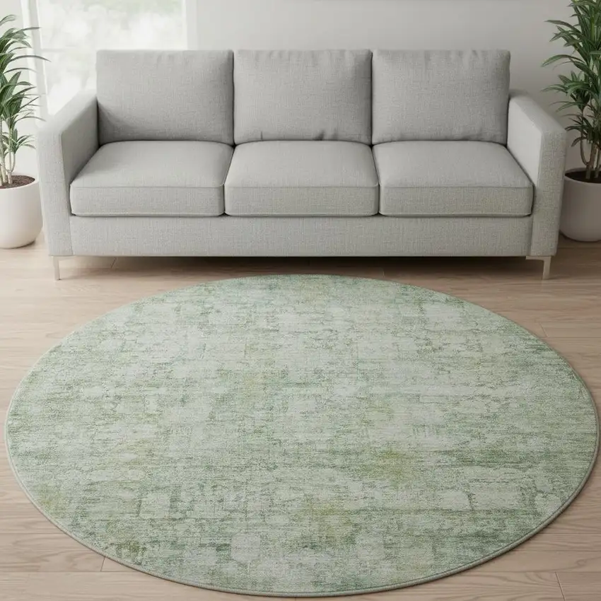 8' Artichoke Green And Beige Oriental Washable Round Rug With UV Protection Photo 2