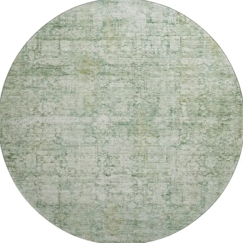 8' Artichoke Green And Beige Oriental Washable Round Rug With UV Protection Photo 2