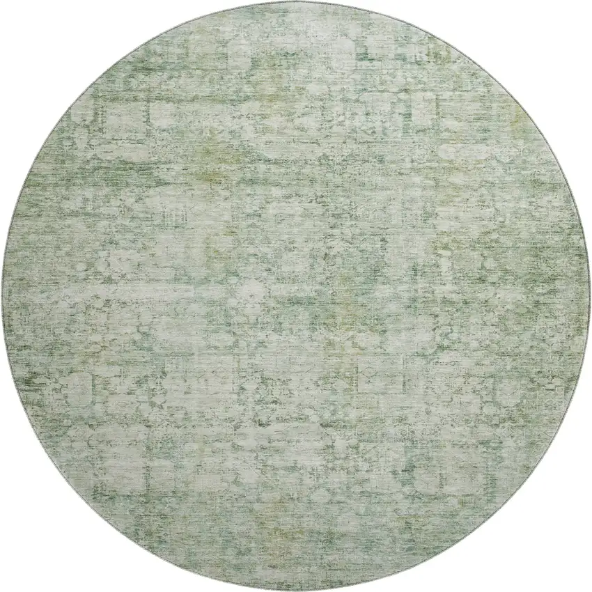 8' Artichoke Green And Beige Oriental Washable Round Rug With UV Protection Photo 1