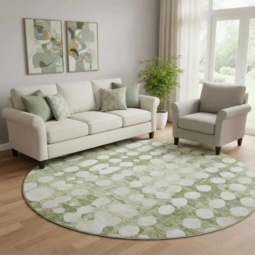 8' Artichoke Green And Beige Polka Dot Washable Round Rug With UV Protection Photo 1