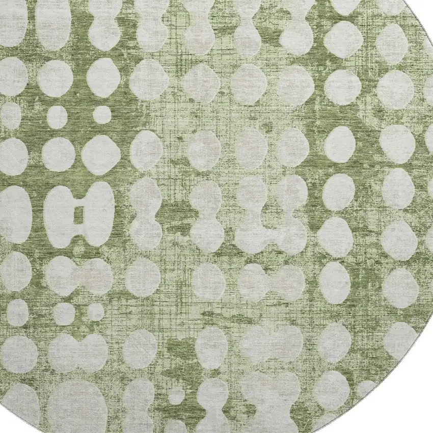 8' Artichoke Green And Beige Polka Dot Washable Round Rug With UV Protection Photo 3