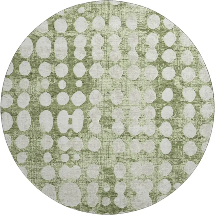 8' Artichoke Green And Beige Polka Dot Washable Round Rug With UV Protection Photo 1