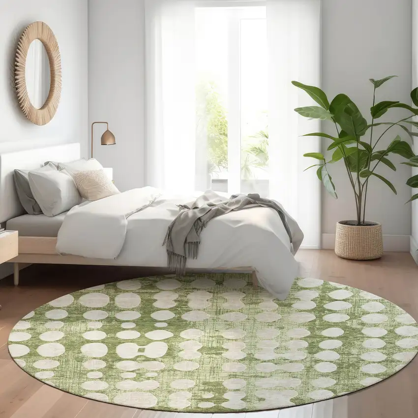 8' Artichoke Green And Beige Polka Dot Washable Round Rug With UV Protection Photo 5
