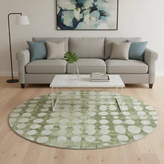 8' Artichoke Green And Beige Polka Dot Washable Round Rug With UV Protection Photo 2