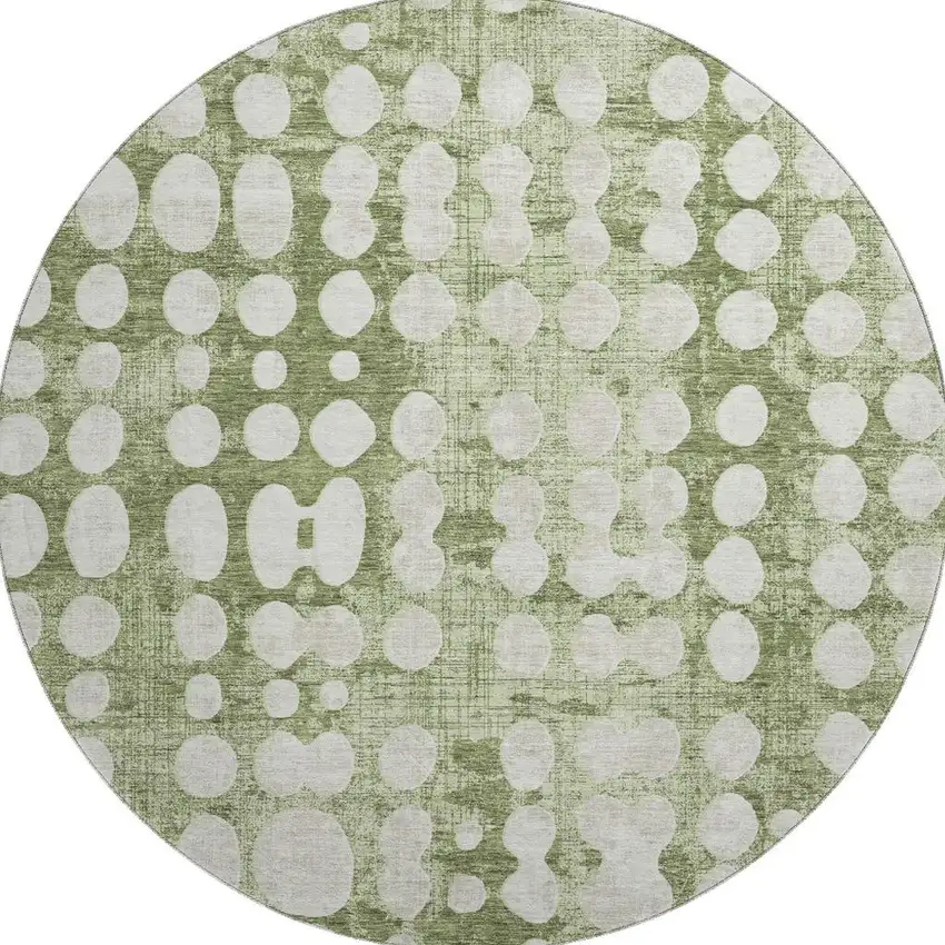 8' Artichoke Green And Beige Polka Dot Washable Round Rug With UV Protection Photo 4