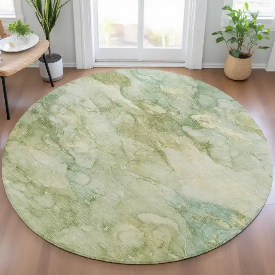 8' Artichoke Green And Beige Round Abstract Washable Indoor Outdoor Area Rug Photo 7