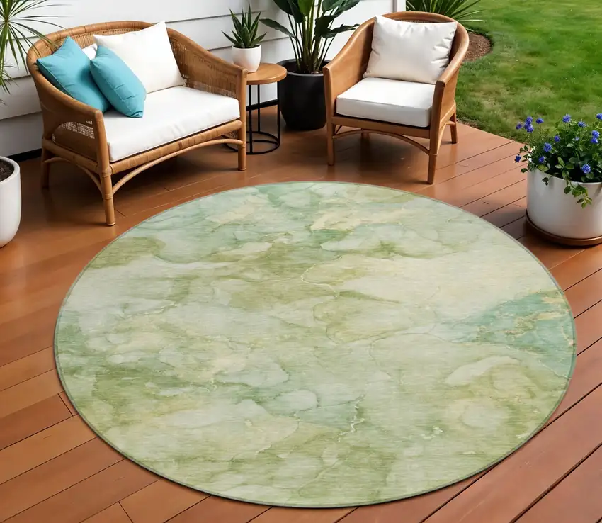 8' Artichoke Green And Beige Round Abstract Washable Indoor Outdoor Area Rug Photo 2