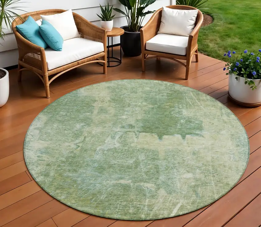 8' Artichoke Green And Beige Round Abstract Washable Indoor Outdoor Area Rug Photo 1