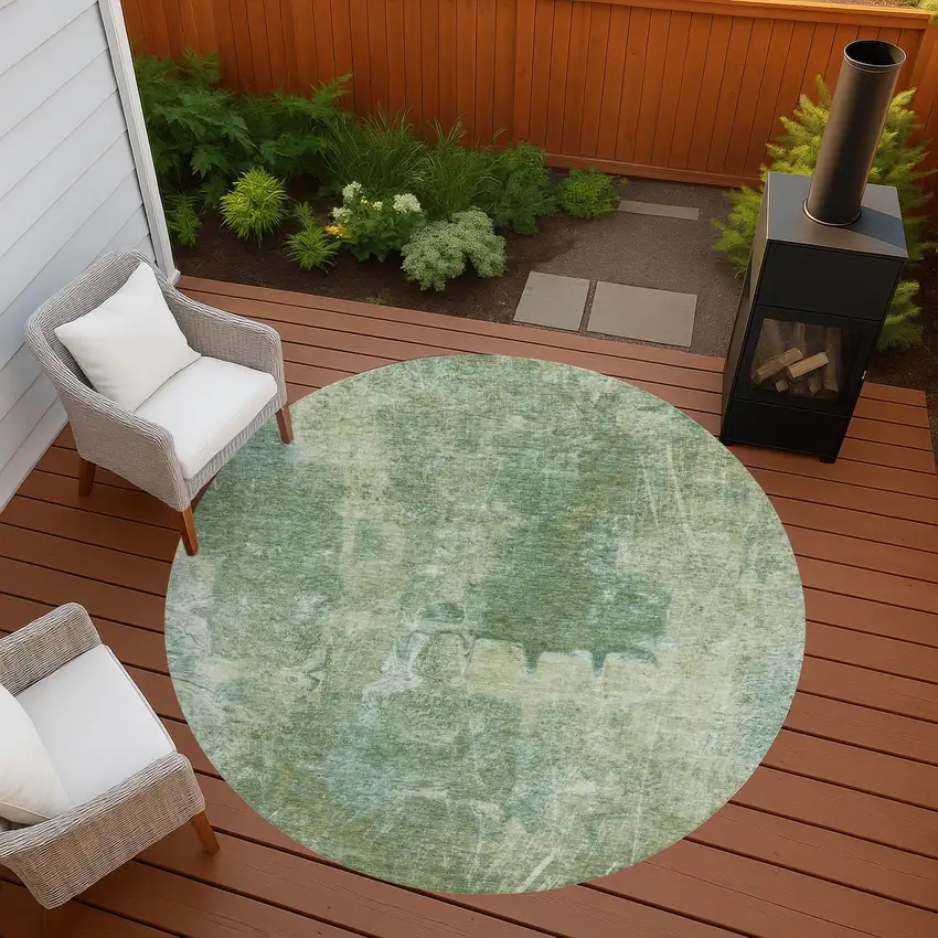 8' Artichoke Green And Beige Round Abstract Washable Indoor Outdoor Area Rug Photo 7