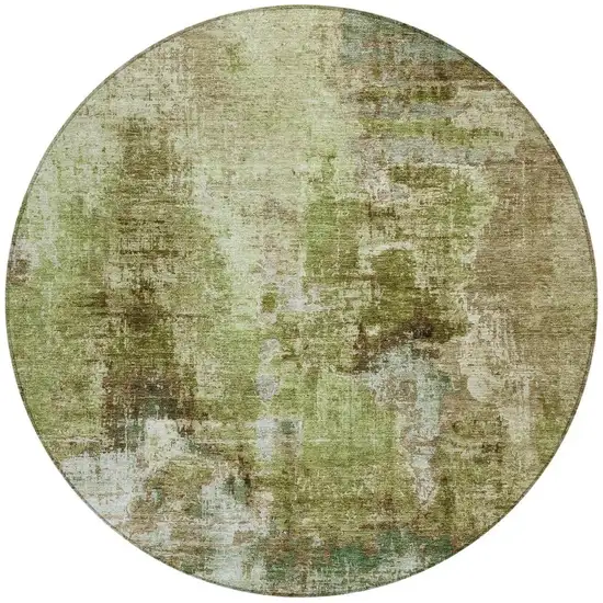 8' Artichoke Green And Beige Round Abstract Washable Indoor Outdoor Area Rug Photo 4