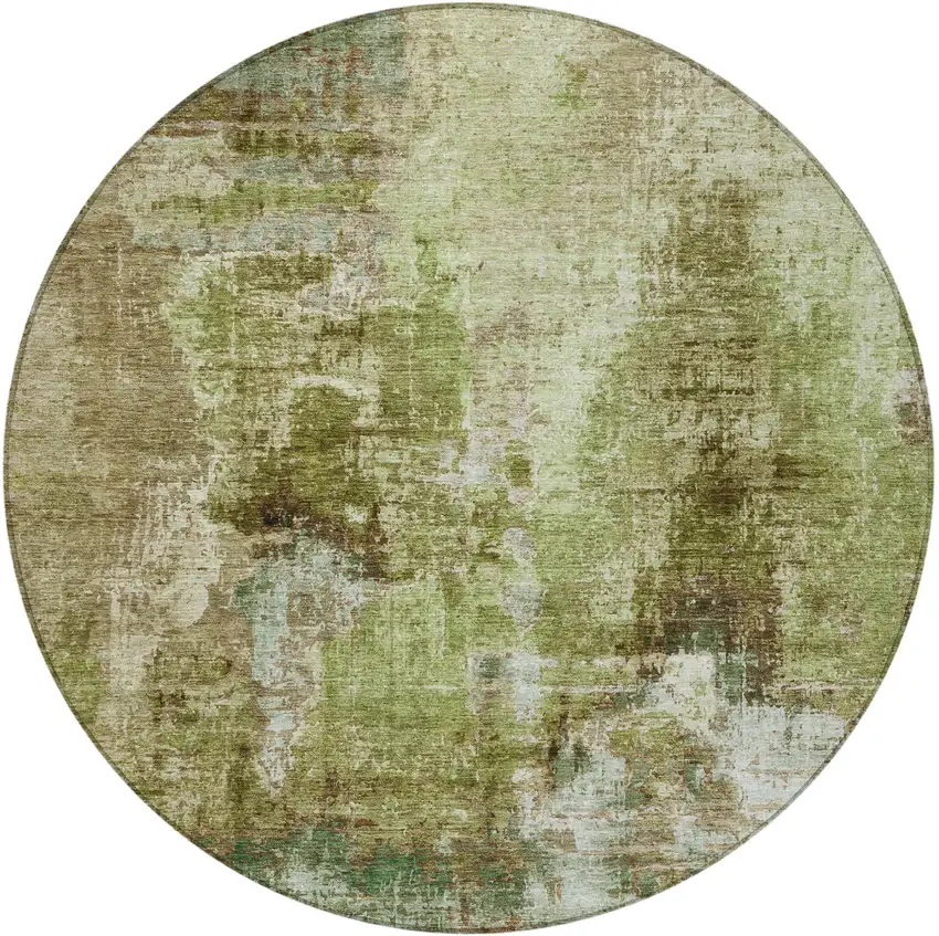 8' Artichoke Green And Beige Round Abstract Washable Indoor Outdoor Area Rug Photo 5