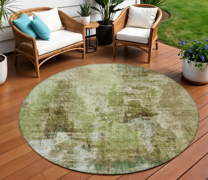 8' Artichoke Green And Beige Round Abstract Washable Indoor Outdoor Area Rug Photo 1