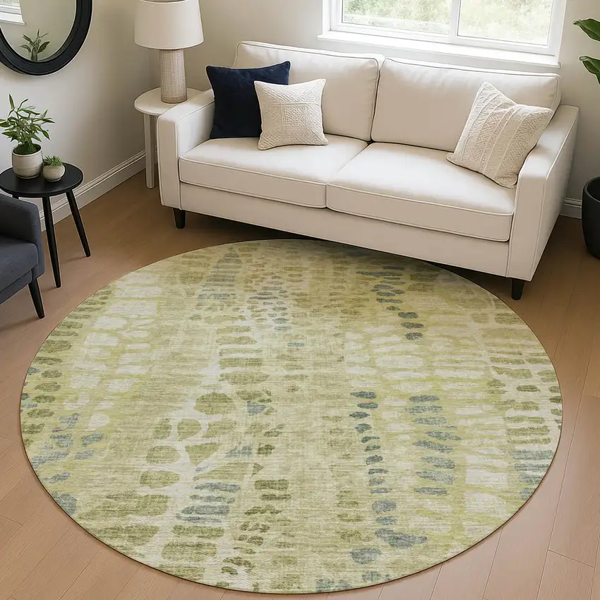 8' Artichoke Green And Beige Round Abstract Washable Indoor Outdoor Area Rug Photo 5