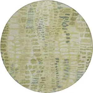 Photo of 8' Artichoke Green And Beige Round Abstract Washable Indoor Outdoor Area Rug