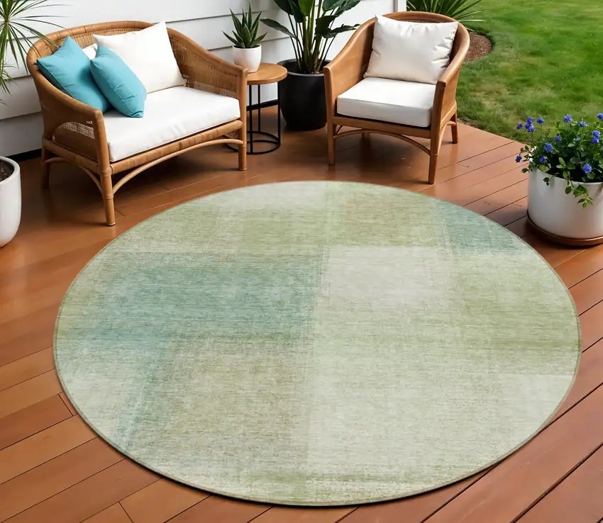 8' Artichoke Green And Beige Round Abstract Washable Indoor Outdoor Area Rug Photo 1