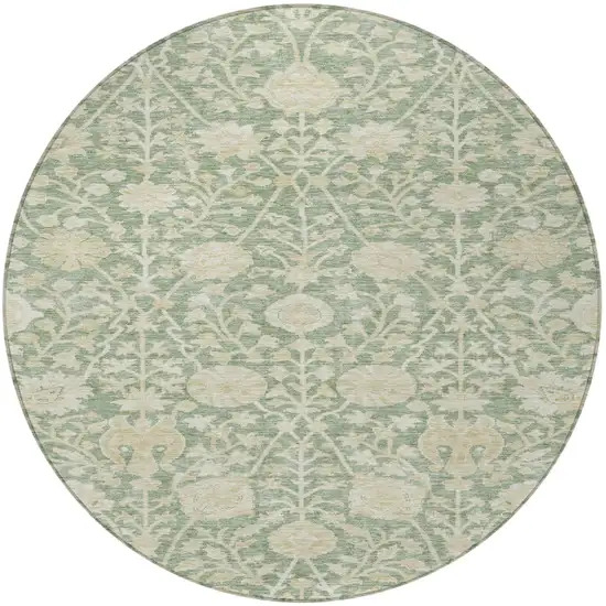 8' Artichoke Green And Beige Round Floral Washable Indoor Outdoor Area Rug Photo 6