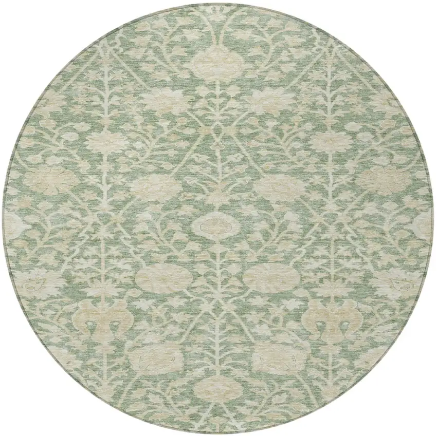 8' Artichoke Green And Beige Round Floral Washable Indoor Outdoor Area Rug Photo 6