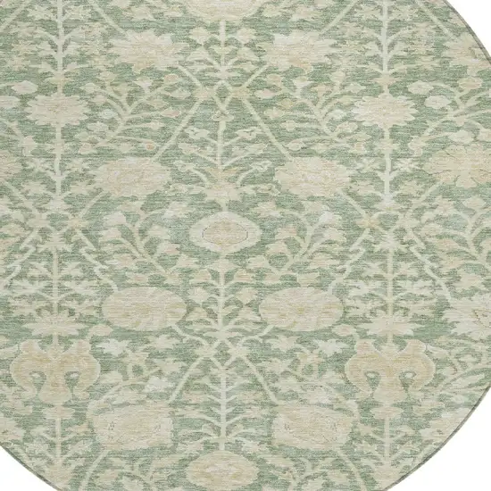 8' Artichoke Green And Beige Round Floral Washable Indoor Outdoor Area Rug Photo 5