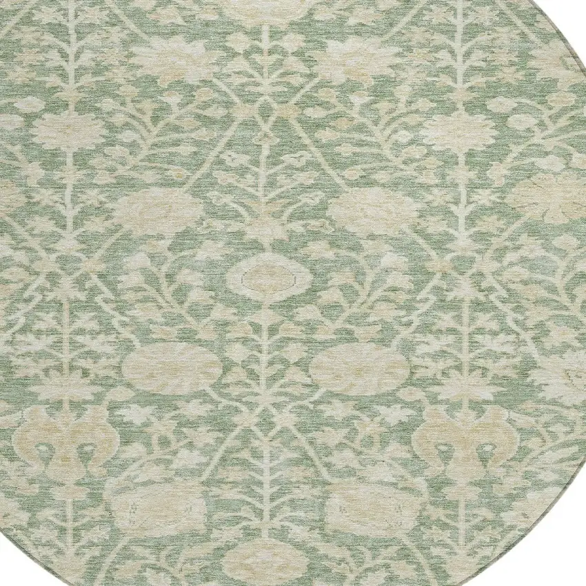 8' Artichoke Green And Beige Round Floral Washable Indoor Outdoor Area Rug Photo 5