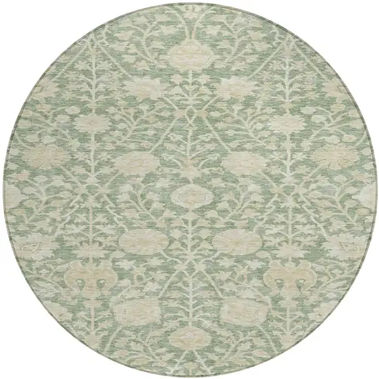 8' Artichoke Green And Beige Round Floral Washable Indoor Outdoor Area Rug Photo 2