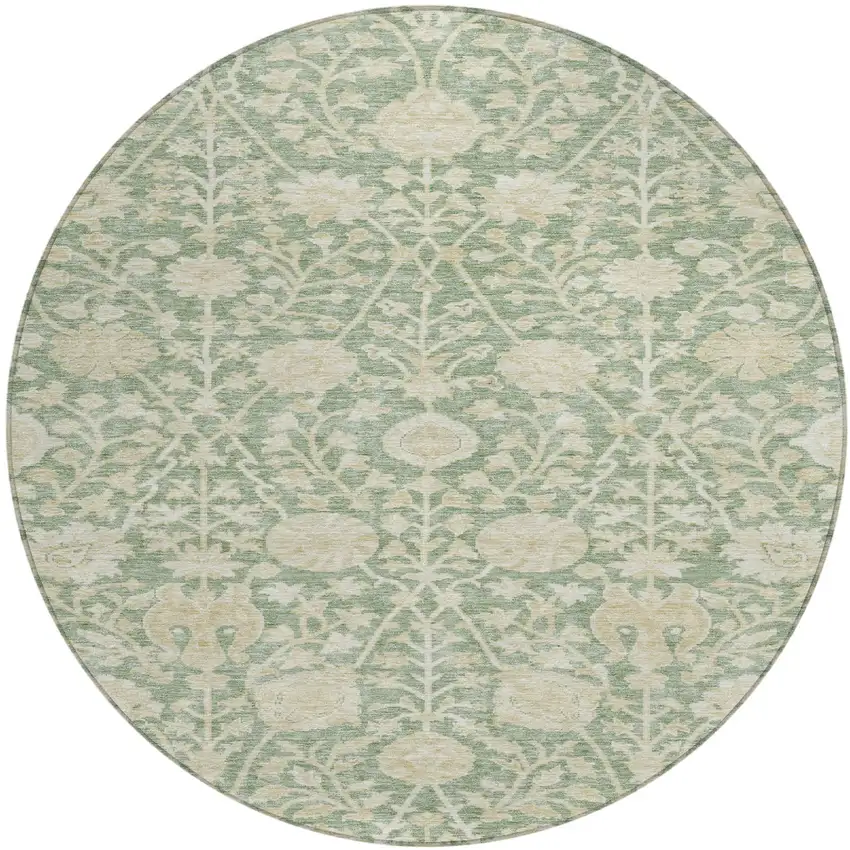 8' Artichoke Green And Beige Round Floral Washable Indoor Outdoor Area Rug Photo 2