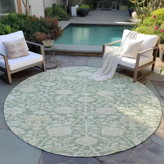 8' Artichoke Green And Beige Round Floral Washable Indoor Outdoor Area Rug Photo 7