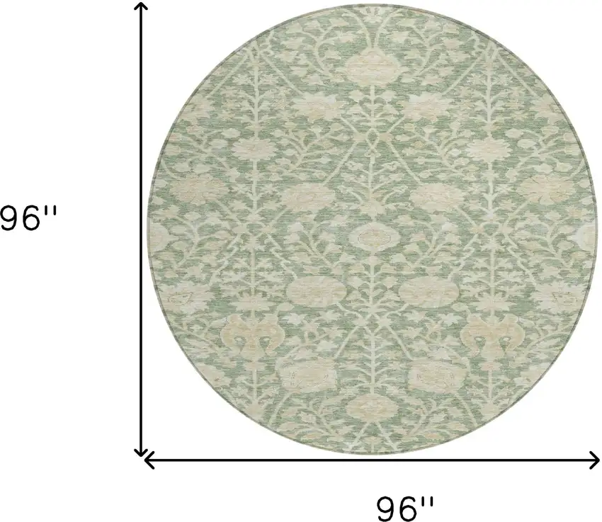 8' Artichoke Green And Beige Round Floral Washable Indoor Outdoor Area Rug Photo 9