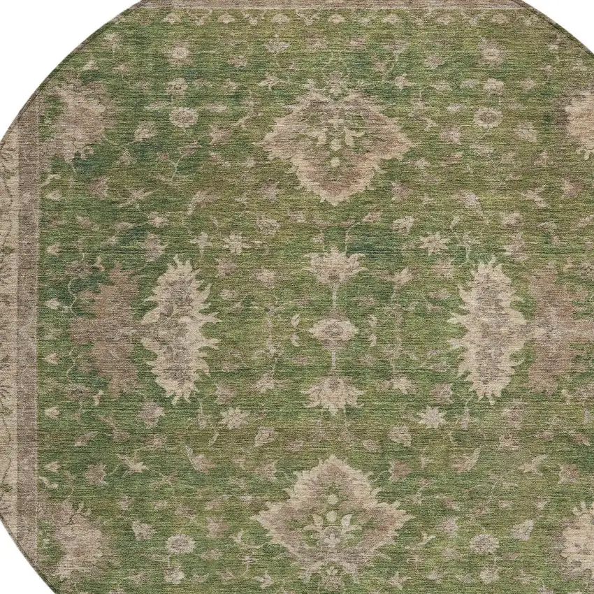 8' Artichoke Green And Beige Round Floral Washable Indoor Outdoor Area Rug Photo 7