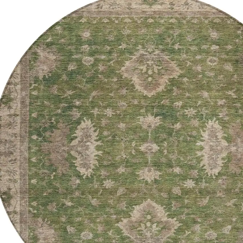 8' Artichoke Green And Beige Round Floral Washable Indoor Outdoor Area Rug Photo 4
