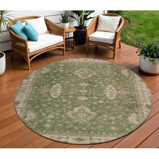 8' Artichoke Green And Beige Round Floral Washable Indoor Outdoor Area Rug Photo 2