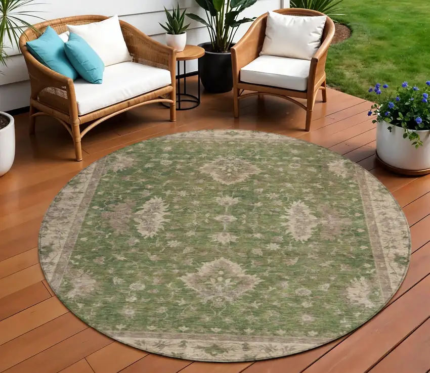 8' Artichoke Green And Beige Round Floral Washable Indoor Outdoor Area Rug Photo 2