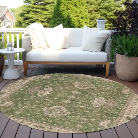 8' Artichoke Green And Beige Round Floral Washable Indoor Outdoor Area Rug Photo 5