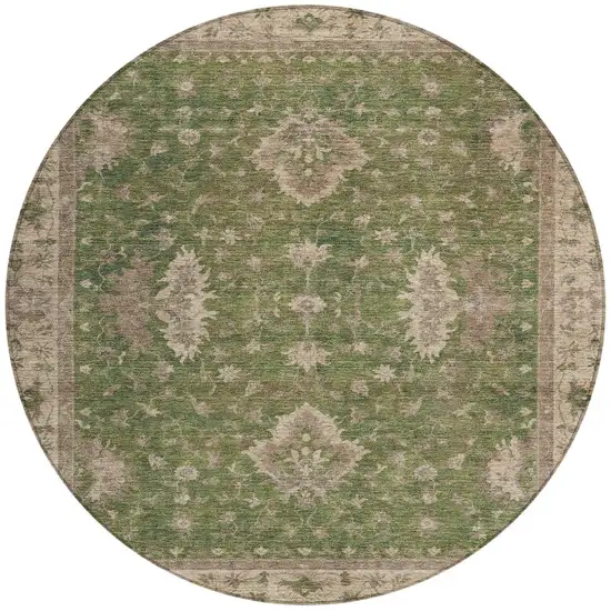 8' Artichoke Green And Beige Round Floral Washable Indoor Outdoor Area Rug Photo 3