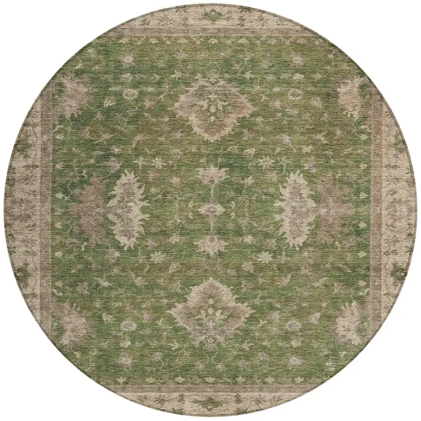8' Artichoke Green And Beige Round Floral Washable Indoor Outdoor Area Rug Photo 3